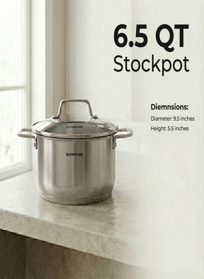 SUNHOUSE Stainless Steel Stock Pot, 6.5 Quart Heavy-Duty Induction Cooking Pot with Visible Lid, Silver, Nonstick Thick Bottom Stockpot for Pasta, Soup, Canning - Image 2