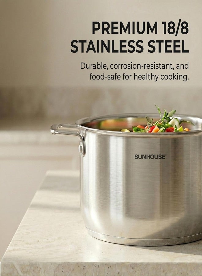 SUNHOUSE Stainless Steel Stock Pot, 6.5 Quart Heavy-Duty Induction Cooking Pot with Visible Lid, Silver, Nonstick Thick Bottom Stockpot for Pasta, Soup, Canning - Image 3
