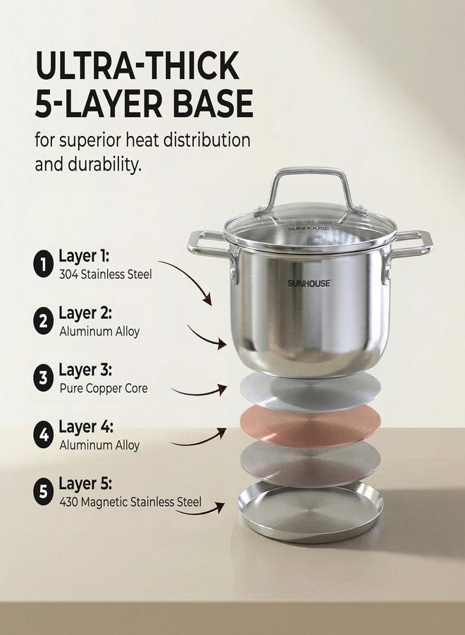 SUNHOUSE Stainless Steel Stock Pot, 6.5 Quart Heavy-Duty Induction Cooking Pot with Visible Lid, Silver, Nonstick Thick Bottom Stockpot for Pasta, Soup, Canning - Image 4