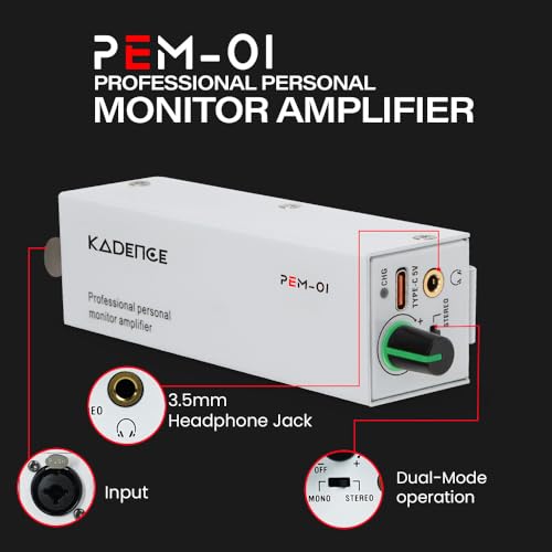 Kadence PEM-01 Jamming Series in-Ear Monitor Amplifier | Wired IEM Belt Pack | XLR/TRS Combo Input | 3.5mm Headphone Output | Mono/Stereo Switchable | Comes with Belt Clip | White - Image 2
