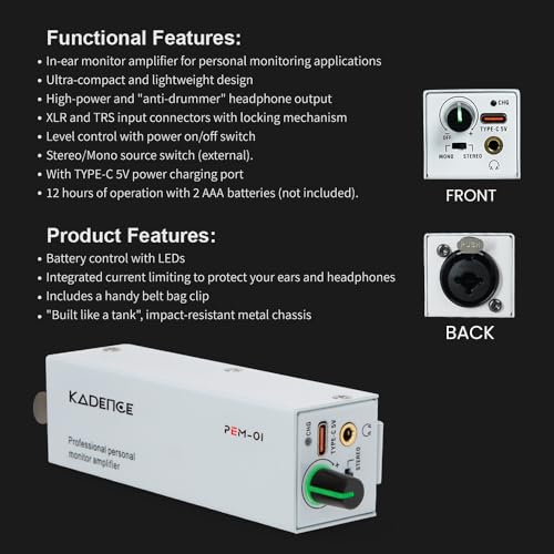 Kadence PEM-01 Jamming Series in-Ear Monitor Amplifier | Wired IEM Belt Pack | XLR/TRS Combo Input | 3.5mm Headphone Output | Mono/Stereo Switchable | Comes with Belt Clip | White - Image 5