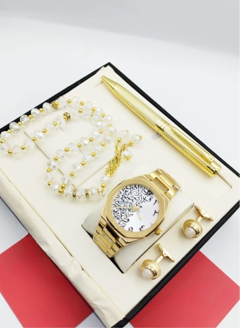 Catera Gift set for a high-quality, elegant waterproof men's watch, Gold bracelet and white dial with Arabic decorations - limited edition 