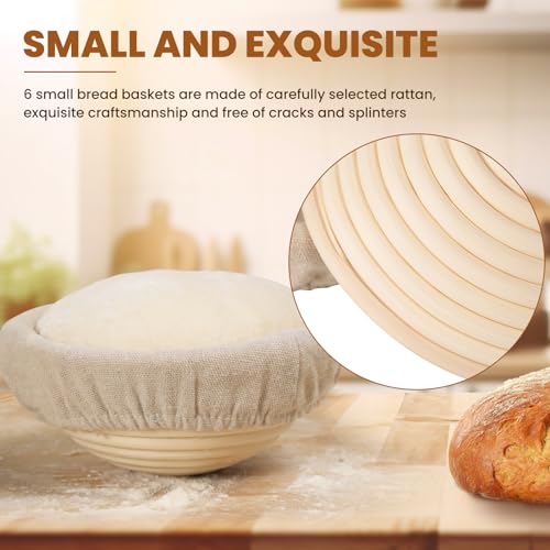 Kikcoin 5 Inch Banneton Bread Proofing Basket Set of 6, Kikcoin Mini Sourdough Bread Baking Supplies, Small Banneton Basket Proofing Baskets for Sourdough Bread Baking - Image 3