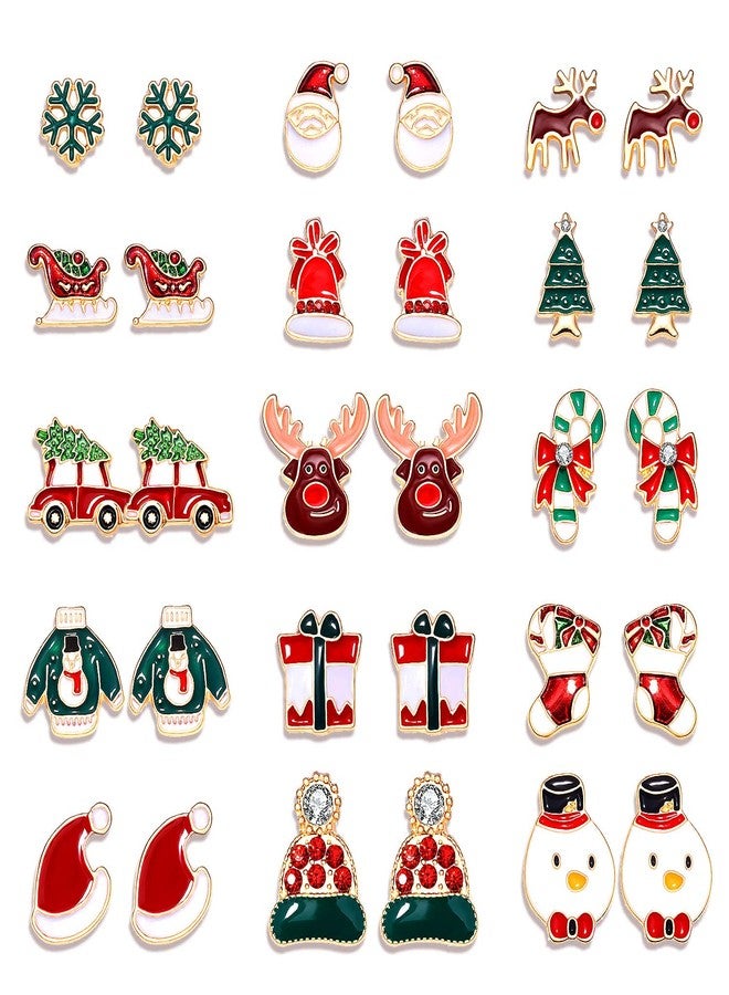 CEALXHENY 15Pairs Christmas Stud Earrings for Women Holiday Reindeer Snowflake Bell Earrings Xmas Tree Candy Cane Hat Post Earring Set Festive Christmas Jewelry Set Gifts (15 Pairs Xmas Studs) - Image 1