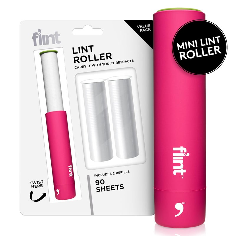 Flint Classic Pink Retractable Mini Lint Roller with 90 Extra Sticky Sheets, Small and Portable Lint Roller, Ideal Pet Hair Remover, Travel Lint Rollers for pet Hair Extra Sticky - Image 1