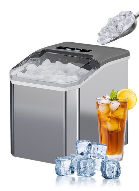 Ice Cube Maker, 1.6L, 130W, Portable Self-Cleaning Ice Maker Machine with Scoop and Basket, 9 Ice Cubes in 6 Mins, 12kg/24H, Ideal for Home, Kitchen, Office, Party, Silver