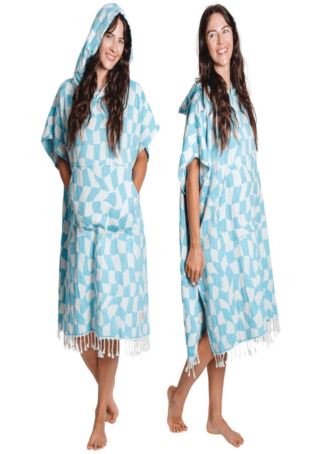 Nova Blue Changing Poncho - Blue & White Checkers Wearable Towel - Large Adult Hooded Towel (33 x 37) - 100% Turkish Cotton Super Absorbent Pool Cover Up for Pool - Image 1