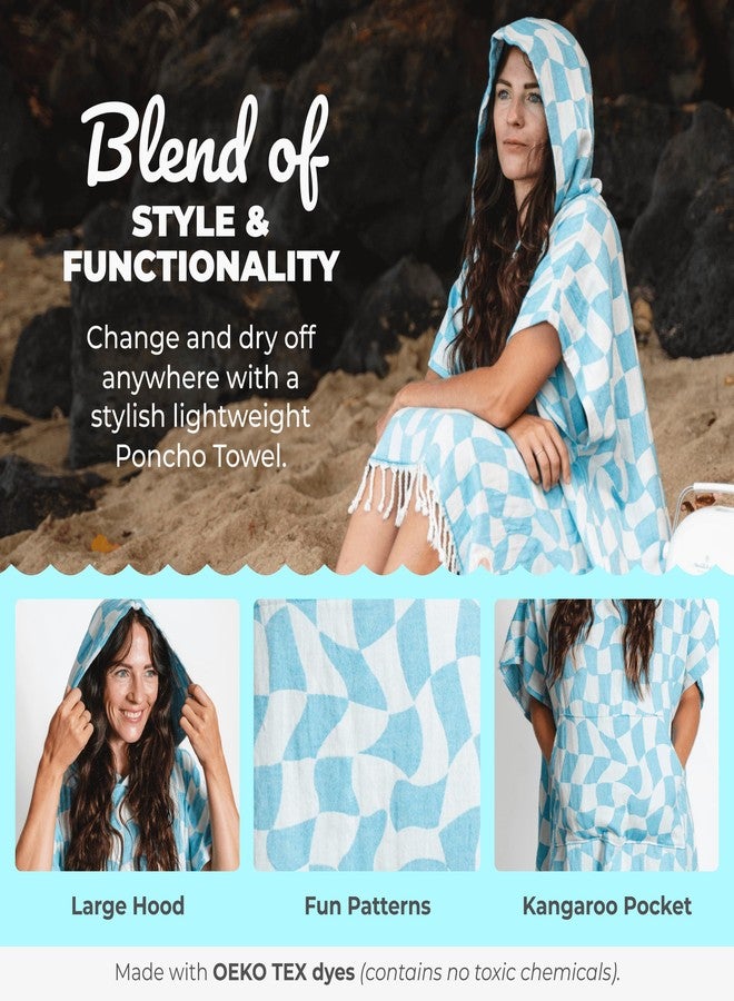 Nova Blue Changing Poncho - Blue & White Checkers Wearable Towel - Large Adult Hooded Towel (33 x 37) - 100% Turkish Cotton Super Absorbent Pool Cover Up for Pool - Image 4