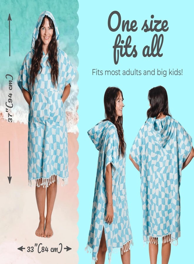 Nova Blue Changing Poncho - Blue & White Checkers Wearable Towel - Large Adult Hooded Towel (33 x 37) - 100% Turkish Cotton Super Absorbent Pool Cover Up for Pool - Image 3