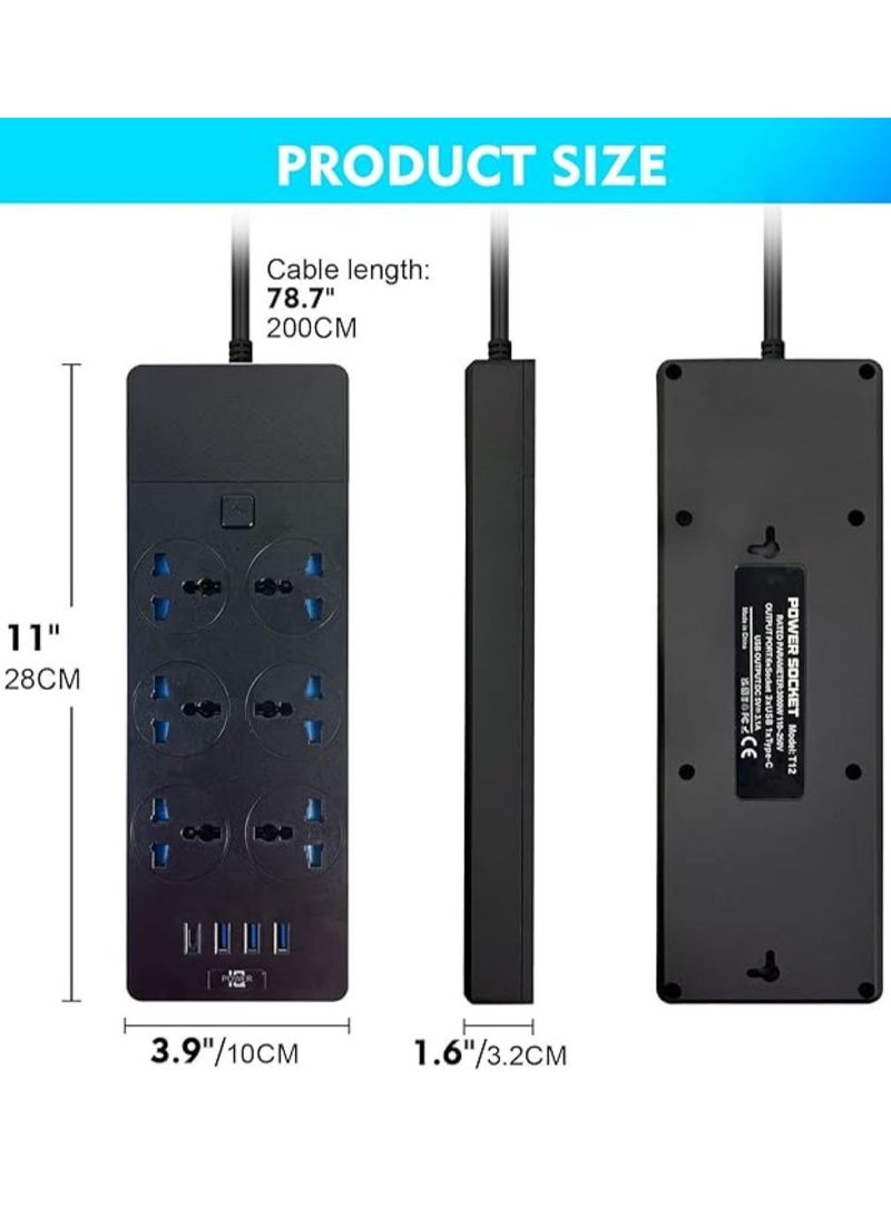 سكاي تاتش TB-T12 شرائط الطاقة سلك تمديد 6 مقابس محول عالمي مع 4 منافذ USB واقي من زيادة التيار قابس شاحن مع سلك تمديد جريء بطول 2 متر (أسود) - Image 3