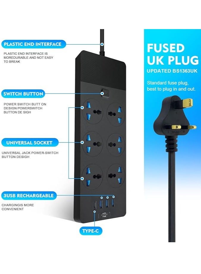 سكاي تاتش TB-T12 شرائط الطاقة سلك تمديد 6 مقابس محول عالمي مع 4 منافذ USB واقي من زيادة التيار قابس شاحن مع سلك تمديد جريء بطول 2 متر (أسود) - Image 2