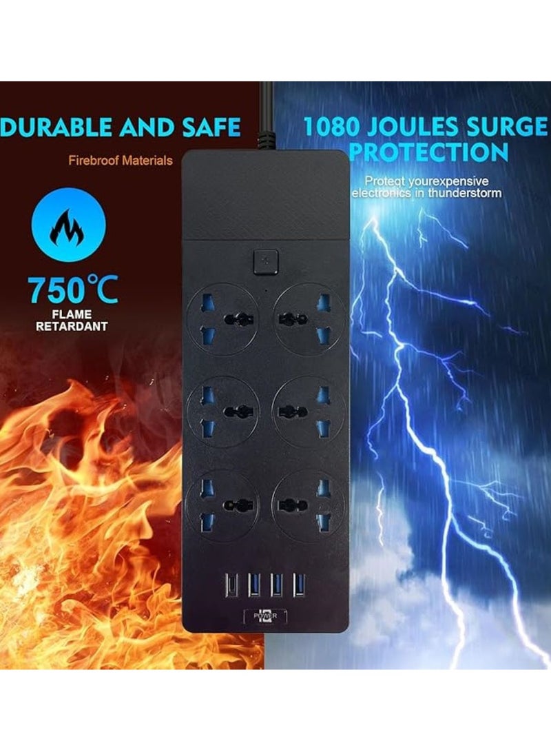 سكاي تاتش TB-T12 شرائط الطاقة سلك تمديد 6 مقابس محول عالمي مع 4 منافذ USB واقي من زيادة التيار قابس شاحن مع سلك تمديد جريء بطول 2 متر (أسود) - Image 5