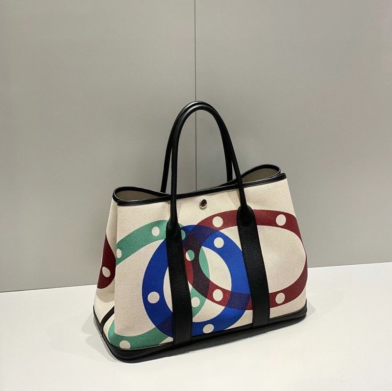 Graffiti Painted Canvas Patchwork Garden Bag Leather Top Layer Cowhide Women'S Handbag - Image 1