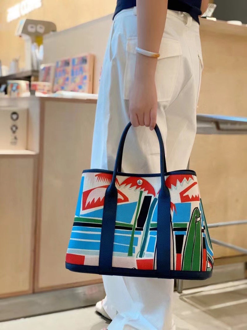 Graffiti Painted Canvas Patchwork Garden Bag Leather Top Layer Cowhide Women'S Handbag - Image 5