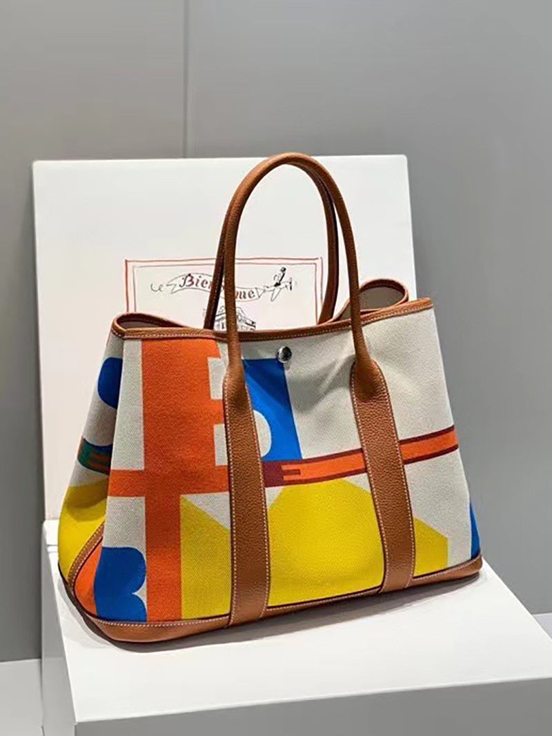 Graffiti Painted Canvas Patchwork Garden Bag Leather Top Layer Cowhide Women'S Handbag - Image 2