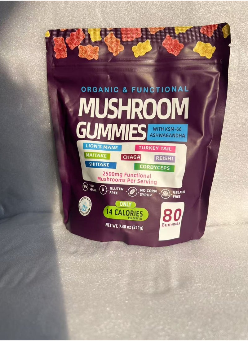 locred Ashwagandha and Lions Mane Mushroom Supplement Gummies  Organic Reishi Cordyceps Turkey Tail Maitake Shitake Chaga  Immune Defense Boosts Cognitive Performance Vegan Low Carb  - Image 1