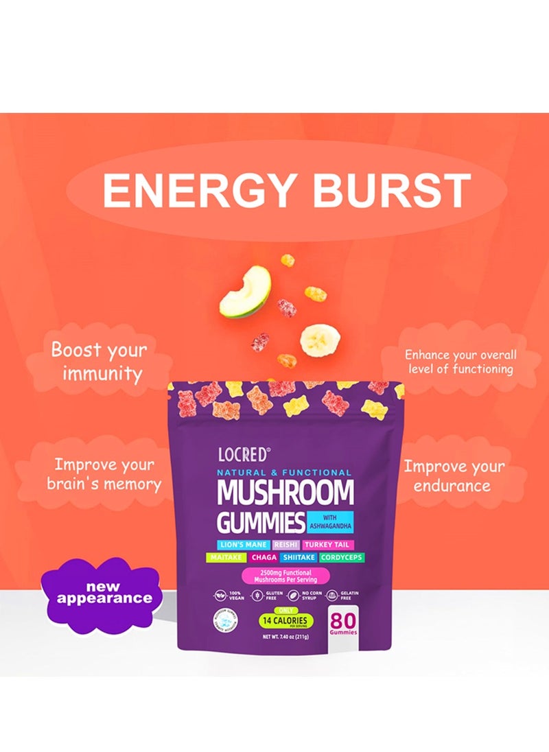 locred Ashwagandha and Lions Mane Mushroom Supplement Gummies  Organic Reishi Cordyceps Turkey Tail Maitake Shitake Chaga  Immune Defense Boosts Cognitive Performance Vegan Low Carb  - Image 2