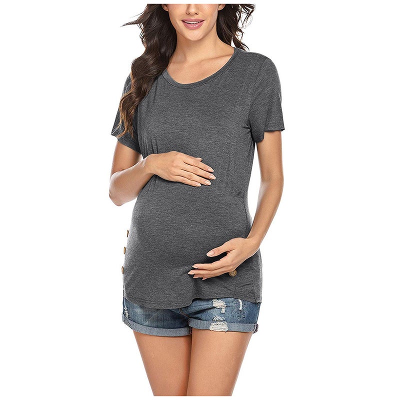 2020 EBAY new European and American fashion pregnant women breastfeeding spring and autumn short-sleeved twist button T-shirt top color Dark gray S - Image 1