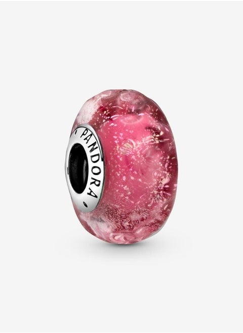 Wavy sterling silver charm with iridescent and pink Murano glass