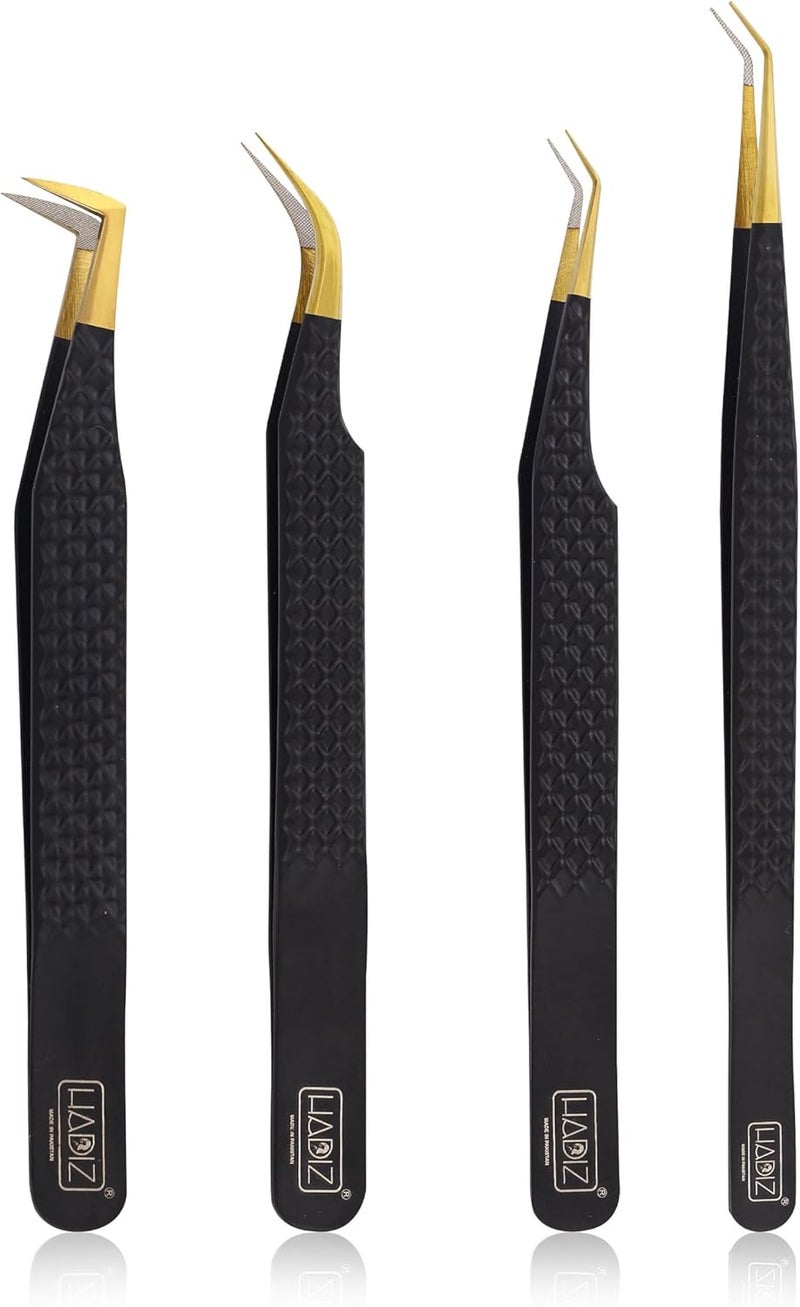 HADIZ Set of 4 Diamond Grip Eyelash Extensions Tweezers Japanese Stainless Steel Lash Tweezer (Black) - Image 1
