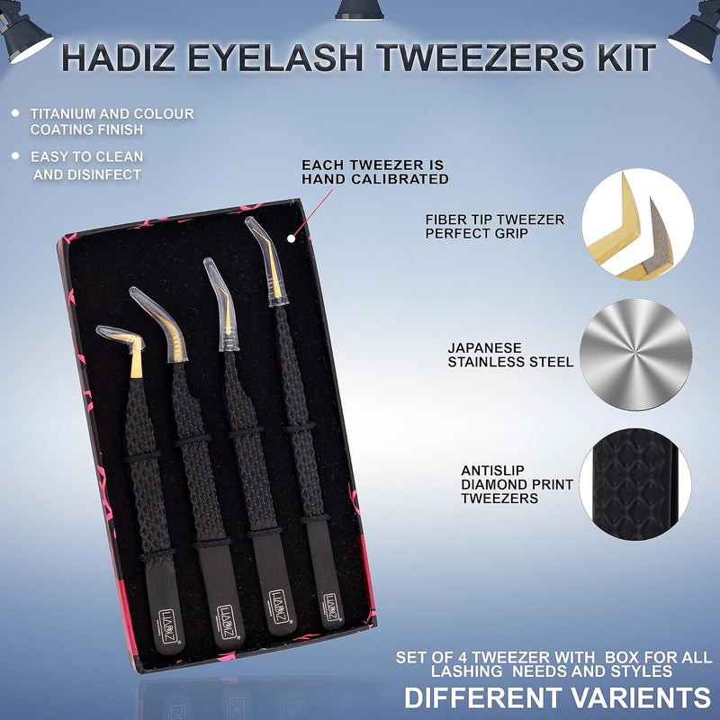 HADIZ Set of 4 Diamond Grip Eyelash Extensions Tweezers Japanese Stainless Steel Lash Tweezer (Black) - Image 5