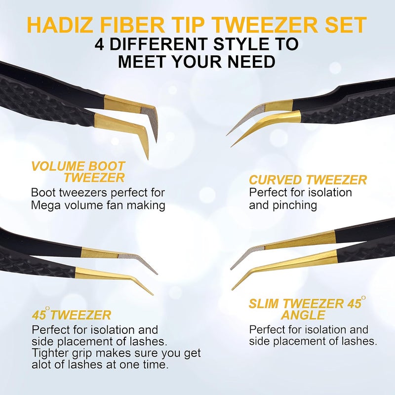 HADIZ Set of 4 Diamond Grip Eyelash Extensions Tweezers Japanese Stainless Steel Lash Tweezer (Black) - Image 3