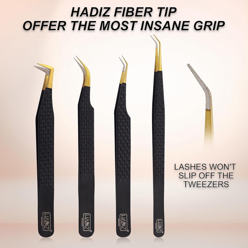 HADIZ Set of 4 Diamond Grip Eyelash Extensions Tweezers Japanese Stainless Steel Lash Tweezer (Black) - Image 2
