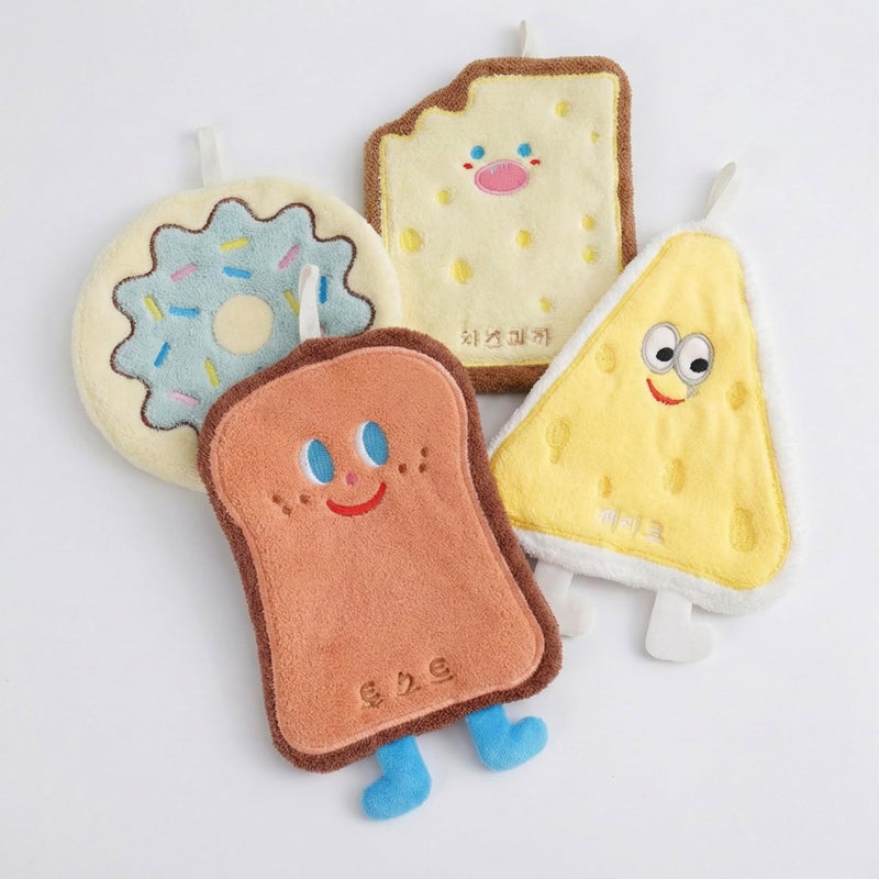 Cute Microfiber Hand Towels with Hanging Loop, Ultra Soft Absorbent Cartoon Food Shapes, Toast Donut Cheese Design, Quick Dry Kitchen Bathroom, 4 Pack - Image 1