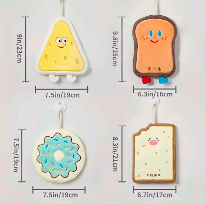 Cute Microfiber Hand Towels with Hanging Loop, Ultra Soft Absorbent Cartoon Food Shapes, Toast Donut Cheese Design, Quick Dry Kitchen Bathroom, 4 Pack - Image 5