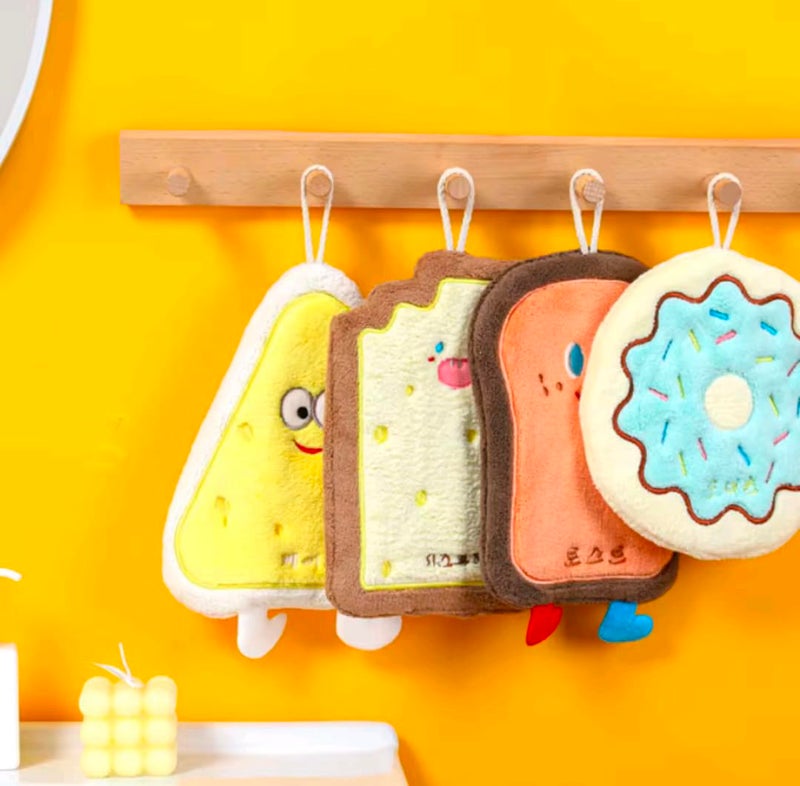 Cute Microfiber Hand Towels with Hanging Loop, Ultra Soft Absorbent Cartoon Food Shapes, Toast Donut Cheese Design, Quick Dry Kitchen Bathroom, 4 Pack - Image 3