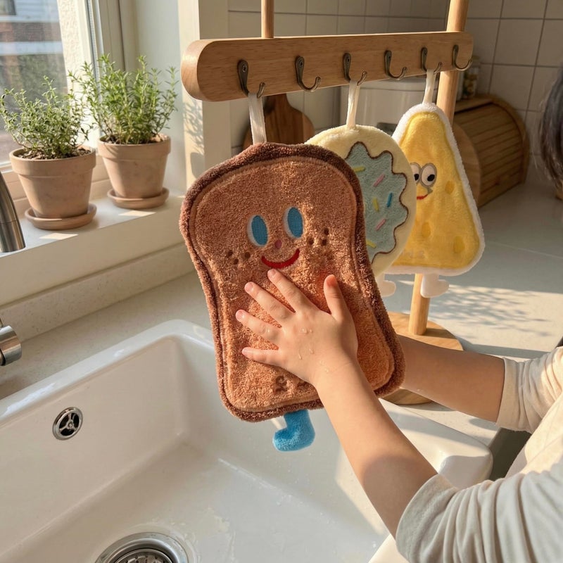 Cute Microfiber Hand Towels with Hanging Loop, Ultra Soft Absorbent Cartoon Food Shapes, Toast Donut Cheese Design, Quick Dry Kitchen Bathroom, 4 Pack - Image 2