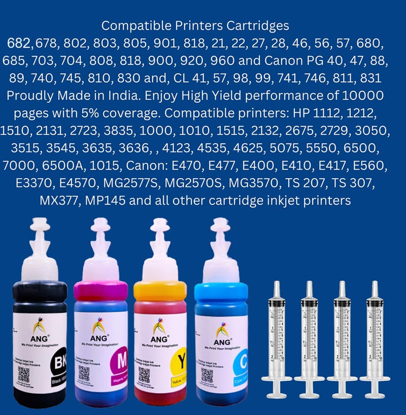 ANG PG-745XL & CL-746XL Ink Refill Kit – Compatible with Canon PIXMA MG2470, MG2570s, IP2870, MG2970, MG3070 & More | Includes 4 Color Inks + 4 Syringes - Image 2