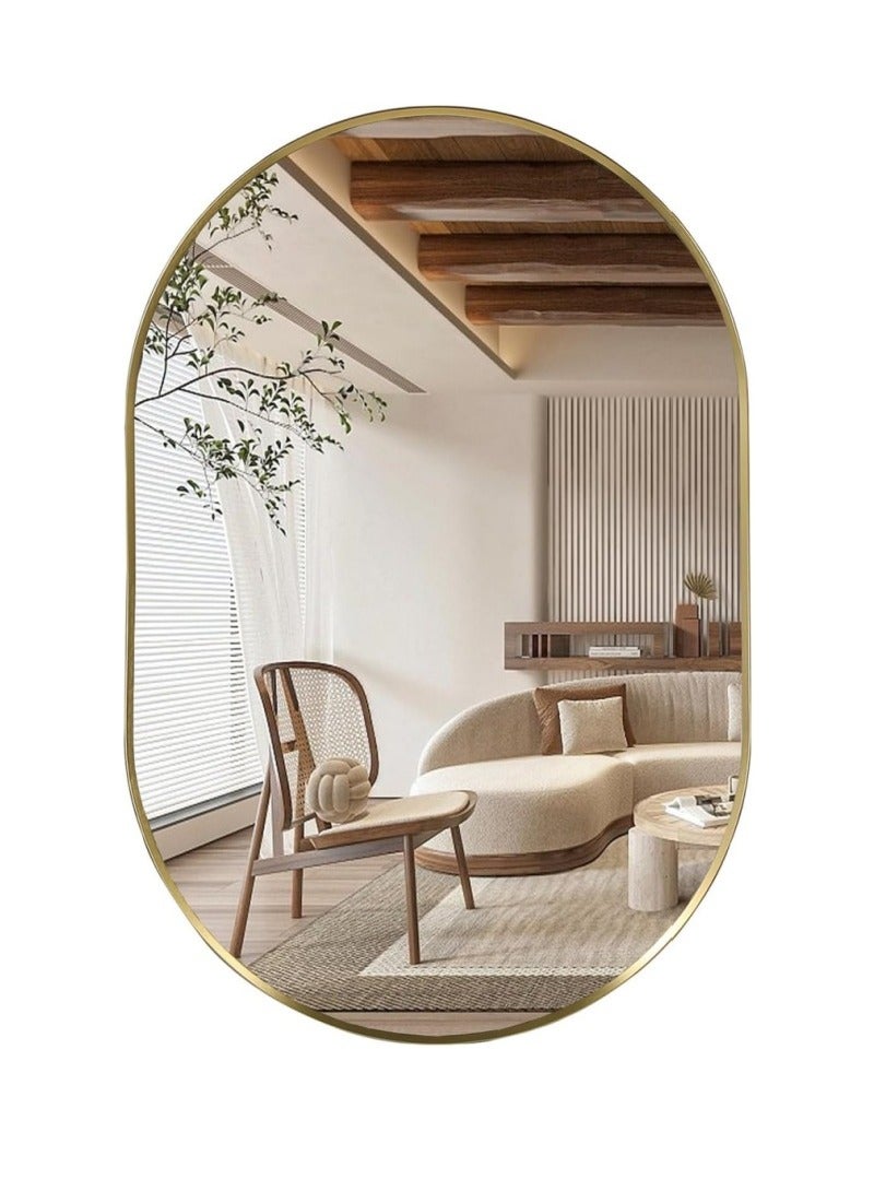 اكسيسن مرآة بيضاوية للحمام، مرآة بيضاوية للحمام، مرآة حائط كبسولة للتزيين على الحائط، مرآة حائطية 56 × 76 سم، مرآة كبيرة حديثة بإطار معدني ذهبي، ديكور للمدخل، غرفة النوم (ذهبي) - Image 1