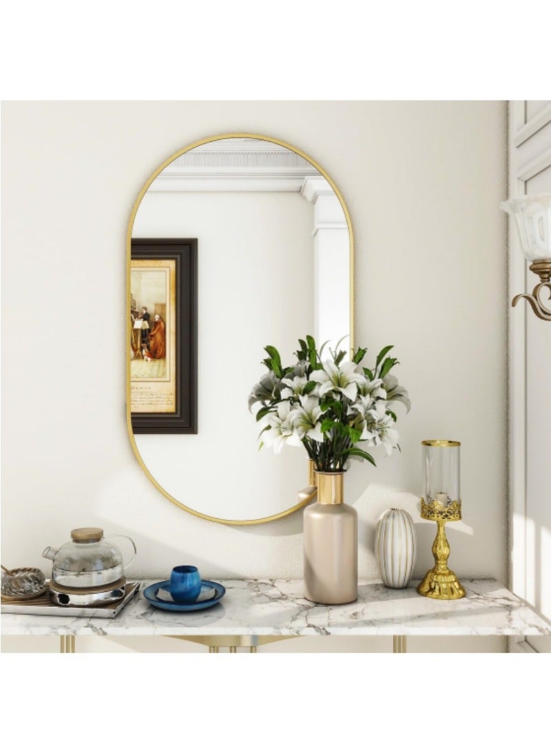 اكسيسن مرآة بيضاوية للحمام، مرآة بيضاوية للحمام، مرآة حائط كبسولة للتزيين على الحائط، مرآة حائطية 56 × 76 سم، مرآة كبيرة حديثة بإطار معدني ذهبي، ديكور للمدخل، غرفة النوم (ذهبي) - Image 2