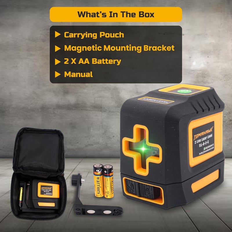 Tomahawk ® TLL 02-D-C، مستوى الليزر الأخضر المدمج 2 - 98 قدم خط ليزر أخضر ذاتي التسوية للبناء قاعدة مغناطيسية عمودية/أفقية، سطوع قابل للتعديل - Image 5