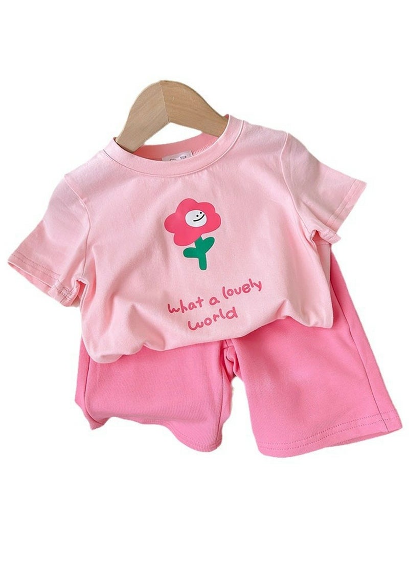 Generic Kids Printed Short Sleeve T-Shirt And Solid Shorts With Pockets Summer Casual Set Pink  - Image 1