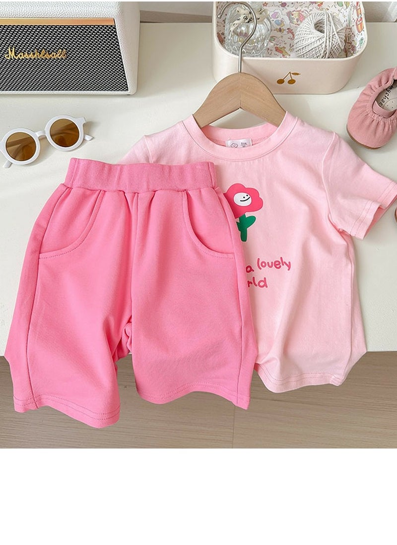 Generic Kids Printed Short Sleeve T-Shirt And Solid Shorts With Pockets Summer Casual Set Pink  - Image 2
