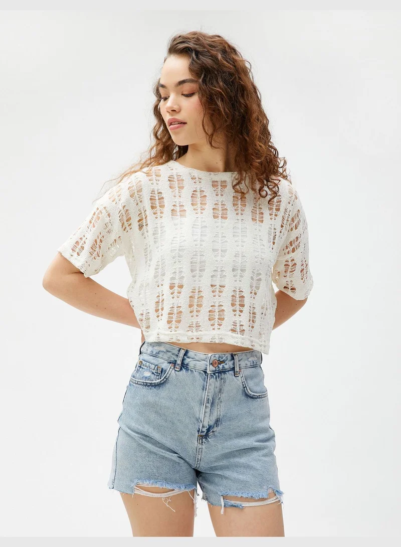 KOTON Crew Neck Short Sleeve Ajoure Crop T-Shirt