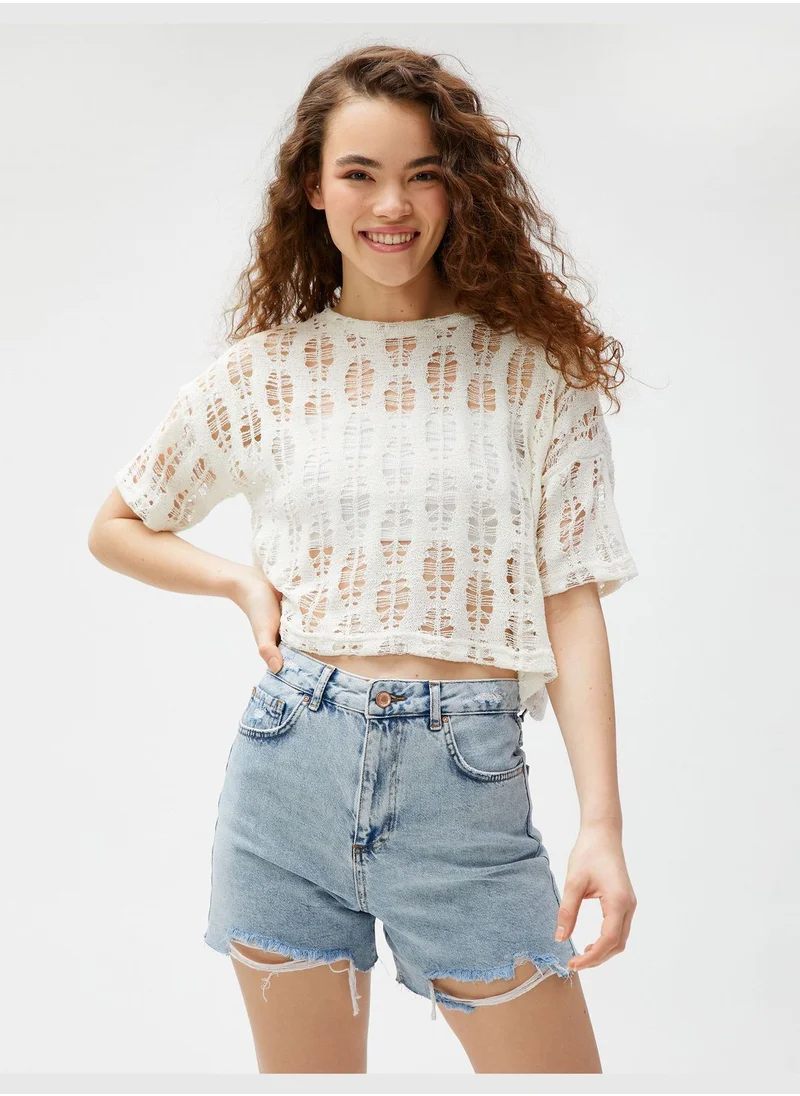 كوتون Crew Neck Short Sleeve Ajoure Crop T-Shirt