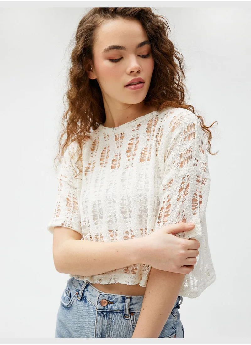 كوتون Crew Neck Short Sleeve Ajoure Crop T-Shirt