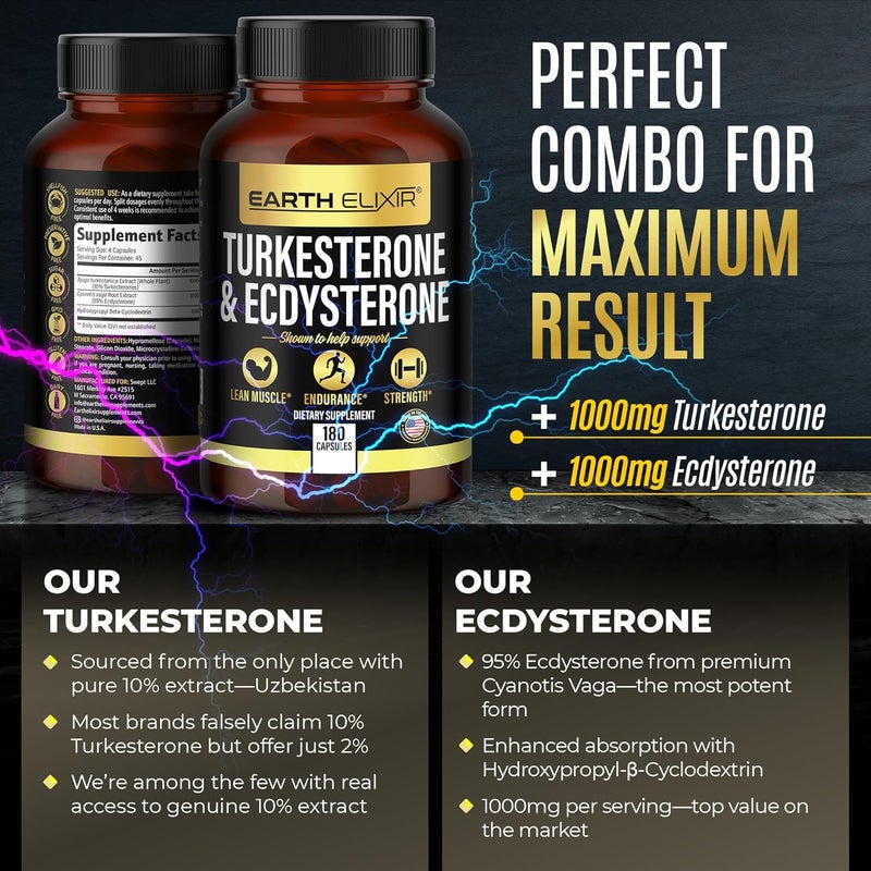 Earth Elixir Turkesterone  Ecdysterone  High Potency Turkesterone Supplement for Men  Women with 95 Beta Ecdysterone  Hydroxypropyl Beta Cyclodextrin  180 Capsules 45Day Supply - Image 3