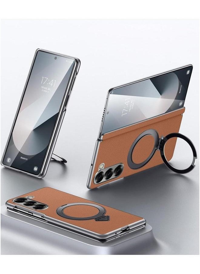 Generic Compatible with Galaxy Z Fold 6 Case, Cowhide Leather Case Hinge Protection, 【Compatible Mag-Safe】 Slim Hard PC Full Coverage Kickstand Phone 