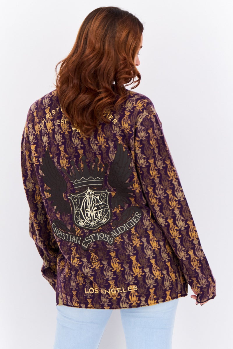 Ed Hardy سويت شيرت نسائي بياقة على شكل V بطبعة شاملة، مجموعة بنفسجية - Image 3