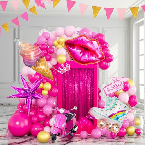 kozee Hot Pink and gold Balloon garland arch kit 140Pcs Hot magenta pink with Chrome Gold Balloons Lip Starburst Roller mylar balloons for girls Birthday party Mothers Day decorations - Image 1