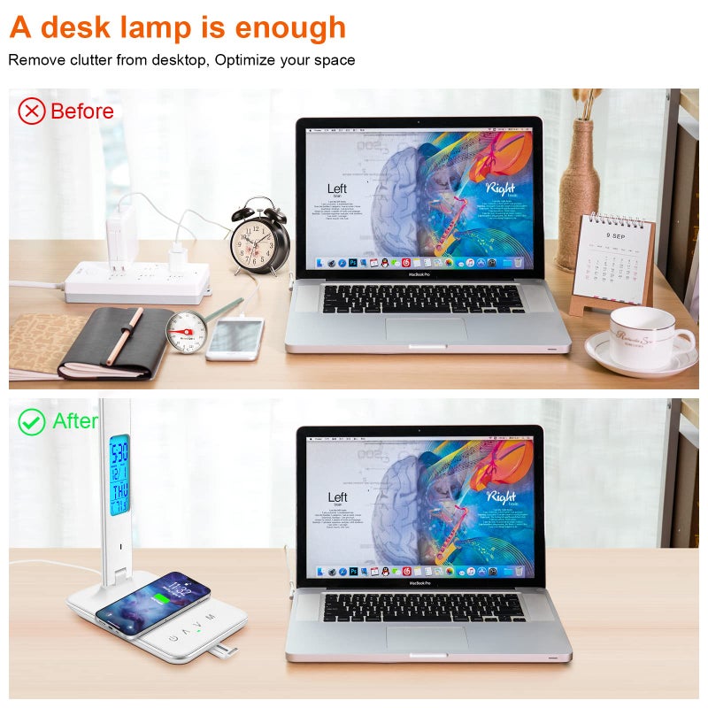 snsok Desk Lamp with Wireless Charger, USB Charging Port, Dimmable Office Desk Light with Clock, Alarm, Date, Temperature, Foldable Lamp for Table Bedroom Bedside Office (White) - Image 2