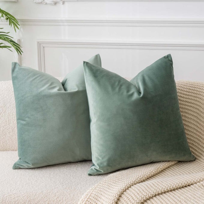 SAGE VELVET THROW PILLOW COVERS 24X24 INCH SET OF 2 FOR LIVING ROOM COUCH SOFA BEDROOM DECORATIVE SQUARE SOLID SOFT CUSHION CASES WITH INVISIBLE ZIPPER