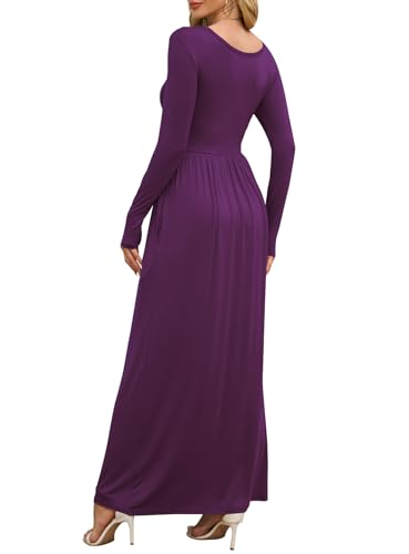 DEARCASE Women Dress Purple X-Large Crewneck Long Sleeves Maxi Wedding Guest A-line Plain Casual Empire Waist Flowy Party Vintage Spring Fall Winter Floor Dresses with Pocket - Image 2