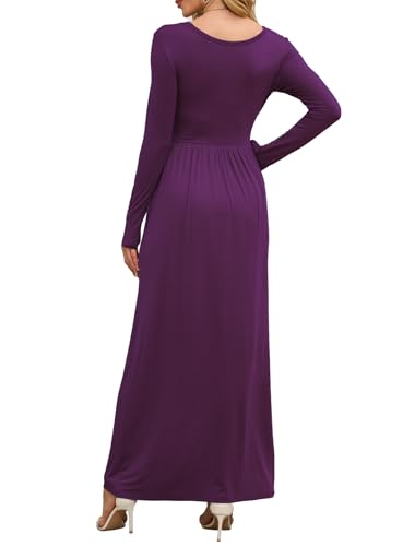 DEARCASE Women Dress Purple X-Large Crewneck Long Sleeves Maxi Wedding Guest A-line Plain Casual Empire Waist Flowy Party Vintage Spring Fall Winter Floor Dresses with Pocket - Image 3