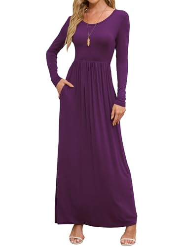 DEARCASE Women Dress Purple X-Large Crewneck Long Sleeves Maxi Wedding Guest A-line Plain Casual Empire Waist Flowy Party Vintage Spring Fall Winter Floor Dresses with Pocket - Image 1