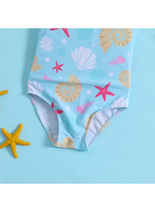 Loquat For Children And Baby Girls Starfish Shell Printing Conjoined Lotus Leaf Bow Swimsuit-Color:Multicolor-  - Image 5
